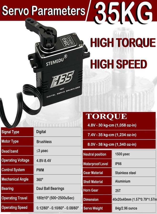 Stemedu 35kg High Torque Digital RC Servo, Waterproof Brushless Motor, Full Metal Case, Steel Geared for 1/8 1/10 Crawler Car, 180° Control Angle - Image 2